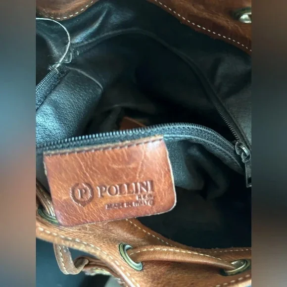 POLLINI Shoulder BUCKET bag Brown/Black  VINTAGE Leather heavy RRP £390 - Picture 4 of 10